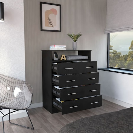 Tuhome Peru L Four Drawer Dresser, Superior Top, One Open Shelf, Black CLW6743